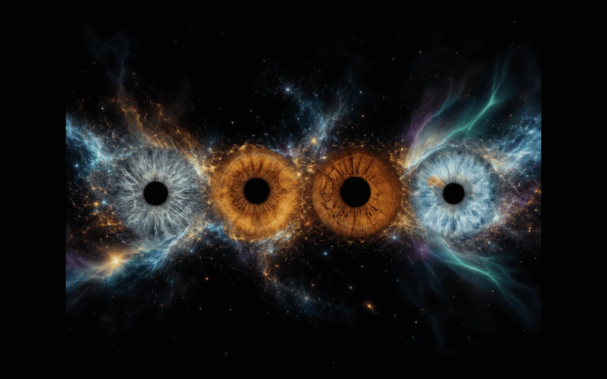 Through the Nebula personalized four iris family portrait surrounded by vivid blue, amber and turquoise cosmic energy on black.