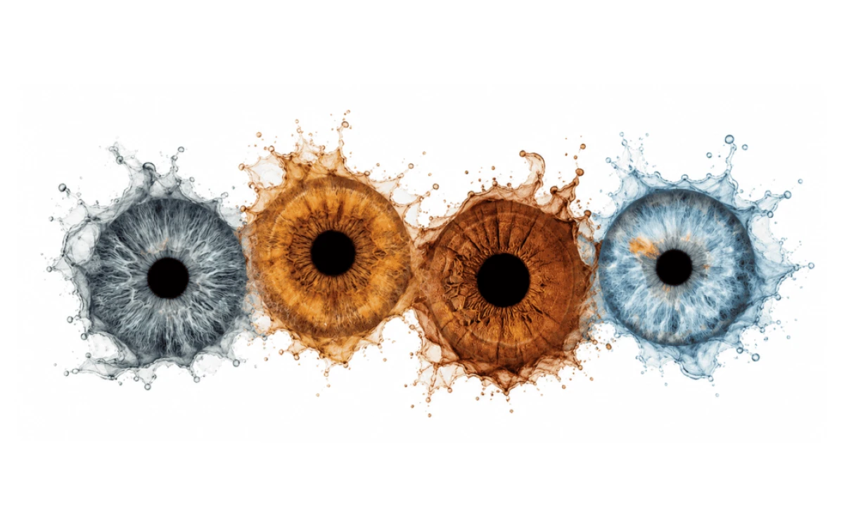 Tides of Unity custom iris photography art with four family irises surrounded by delicate blue, grey and golden watercolor splashes.