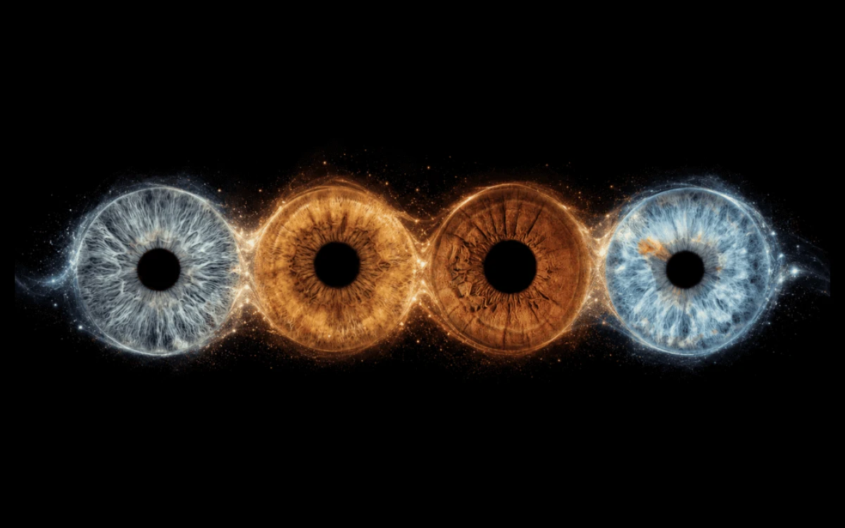 Whispering Light personalized family iris artwork featuring four real eye irises connected by soft luminous blue and golden waves.