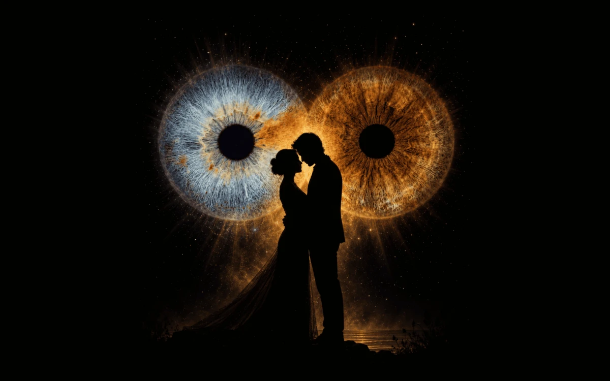 custom couple iris photography artwork featuring two real eye irises transformed into personalized eye art for couples, anniversaries and meaningful gifts.