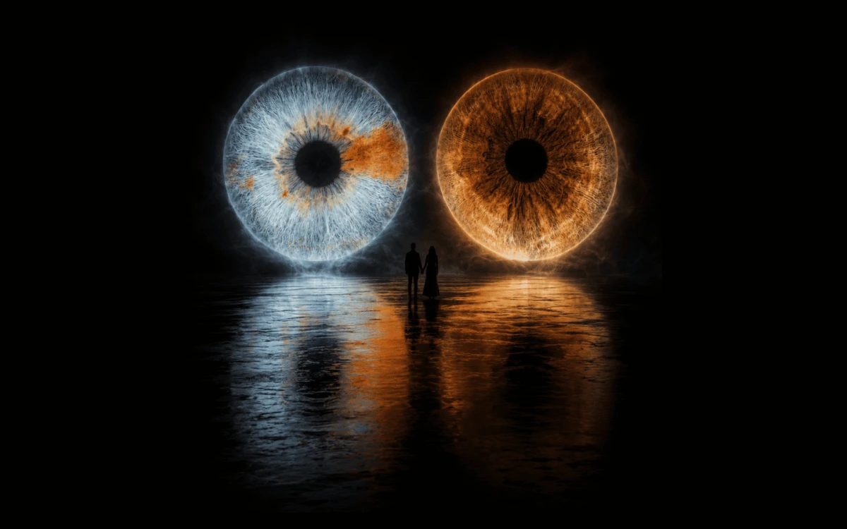 custom couple iris photography artwork featuring two real eye irises transformed into personalized eye art for couples, anniversaries and meaningful gifts.
