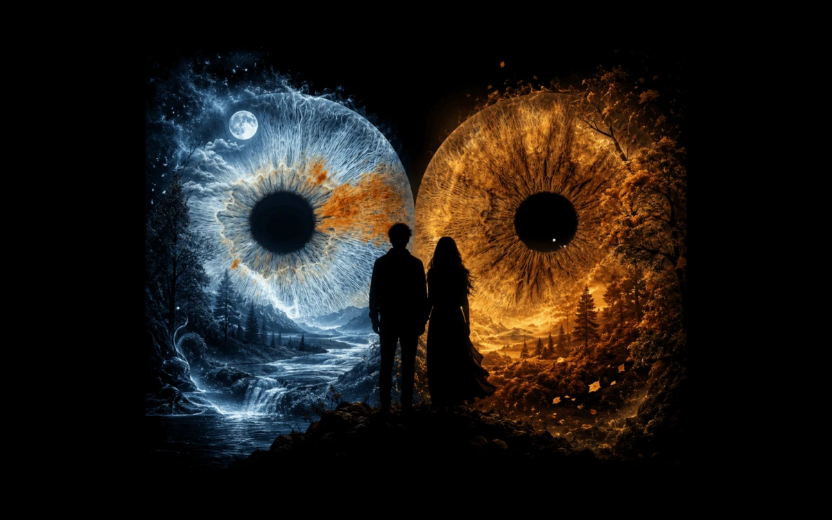 custom couple iris photography artwork featuring two real eye irises transformed into personalized eye art for couples, anniversaries and meaningful gifts.