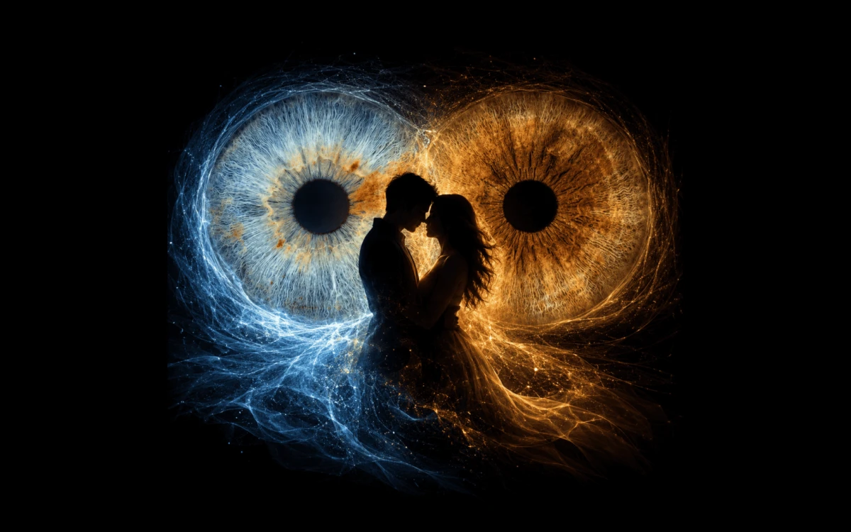 custom couple iris photography artwork featuring two real eye irises transformed into personalized eye art for couples, anniversaries and meaningful gifts.