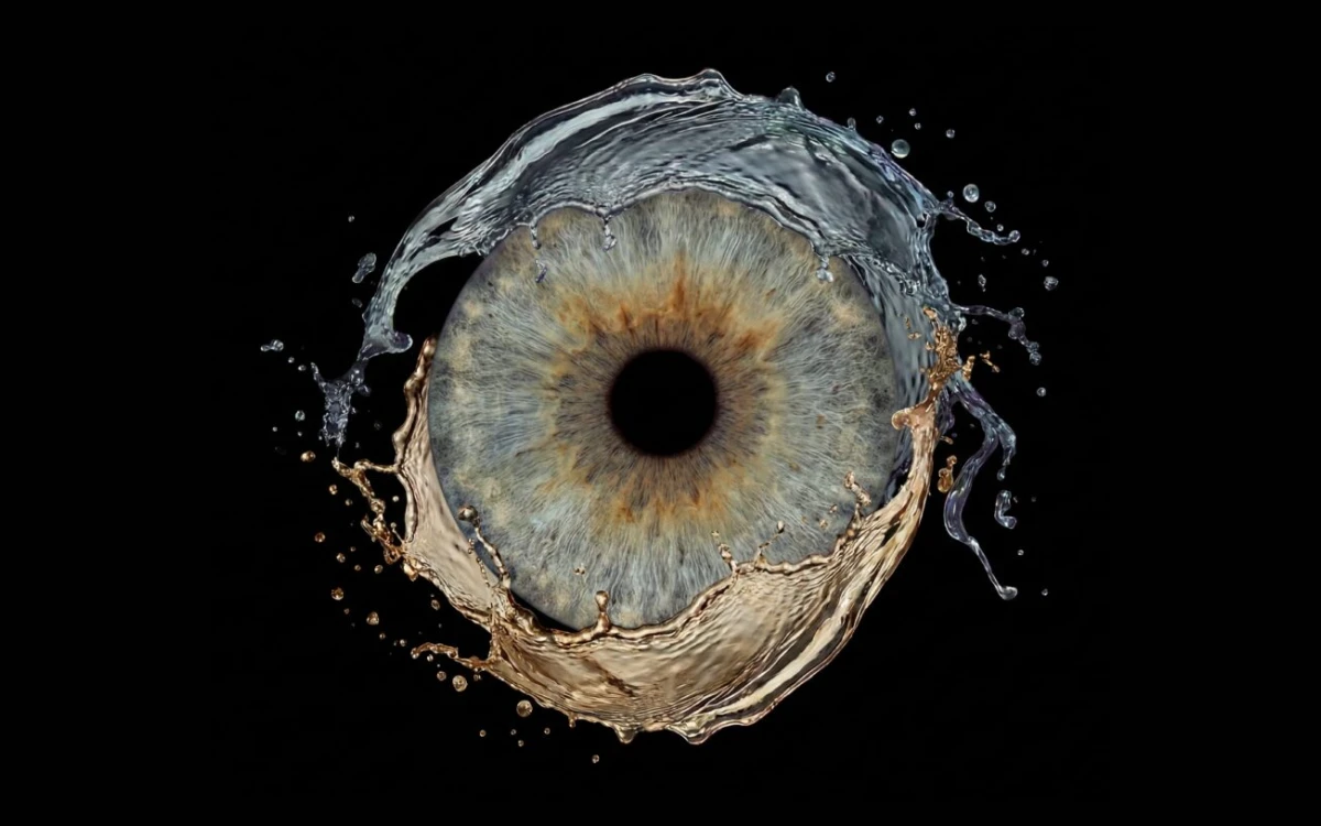 Still Waters personalized single iris photography artwork featuring one real eye iris framed by elegant water ripple and splash effects on black.