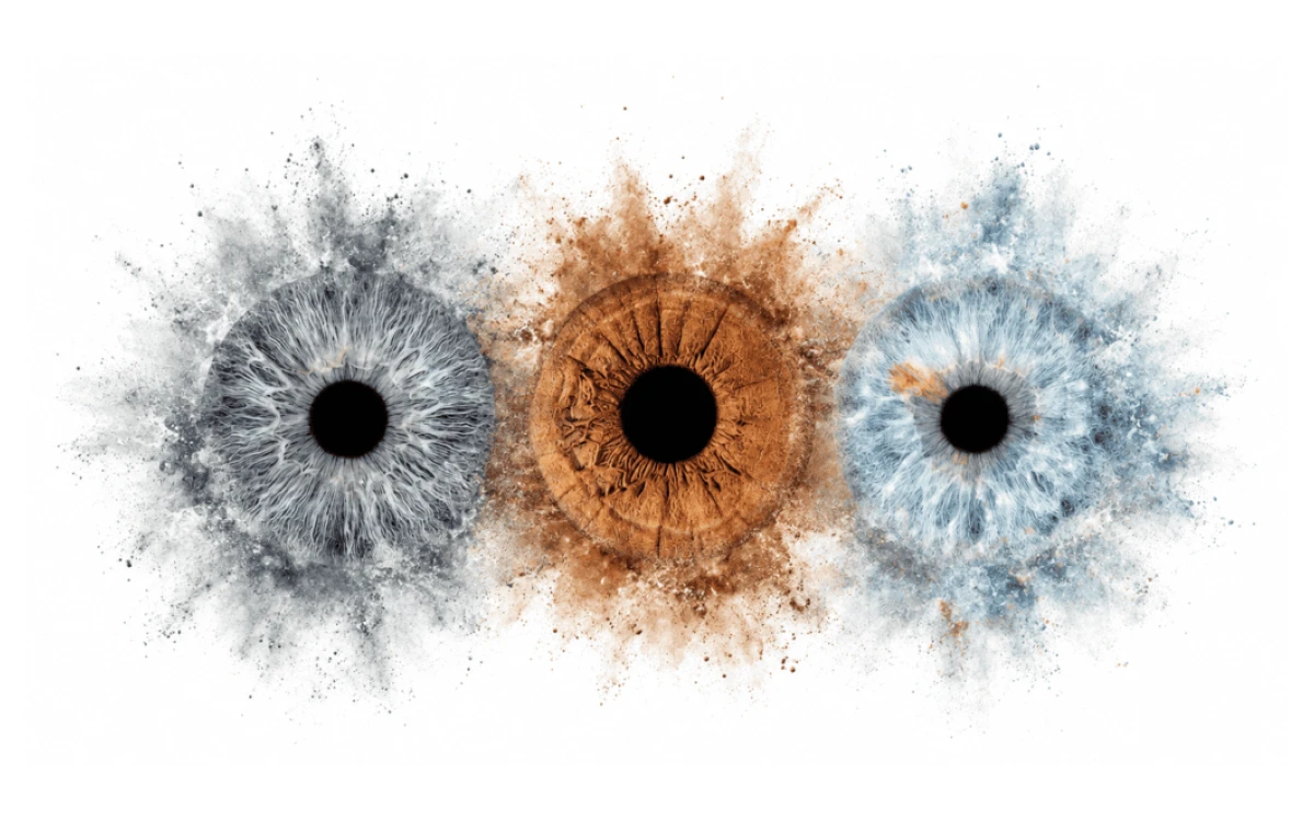 Blooming Together custom iris photography artwork featuring three family irises surrounded by soft blue and warm brown watercolor clouds.