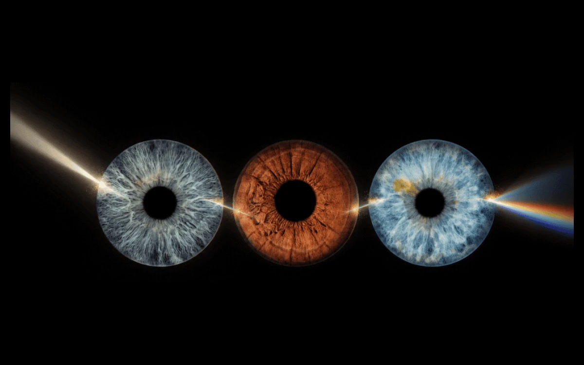 Bound by Light personalized eye photography art with three family irises connected by a radiant beam of light on a black background.