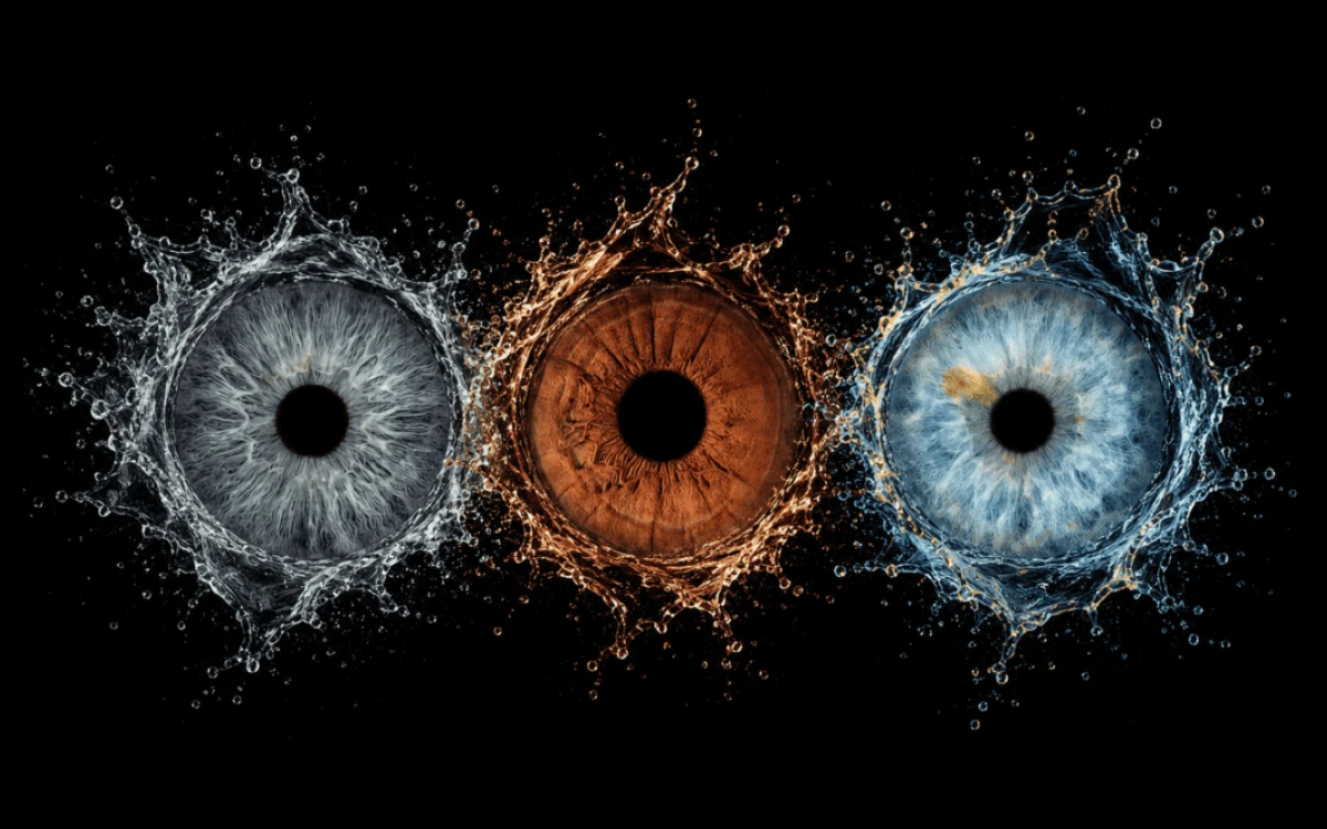 Celestial Bond custom family iris art featuring three unique eye irises joined by detailed blue and golden cosmic energy effects.