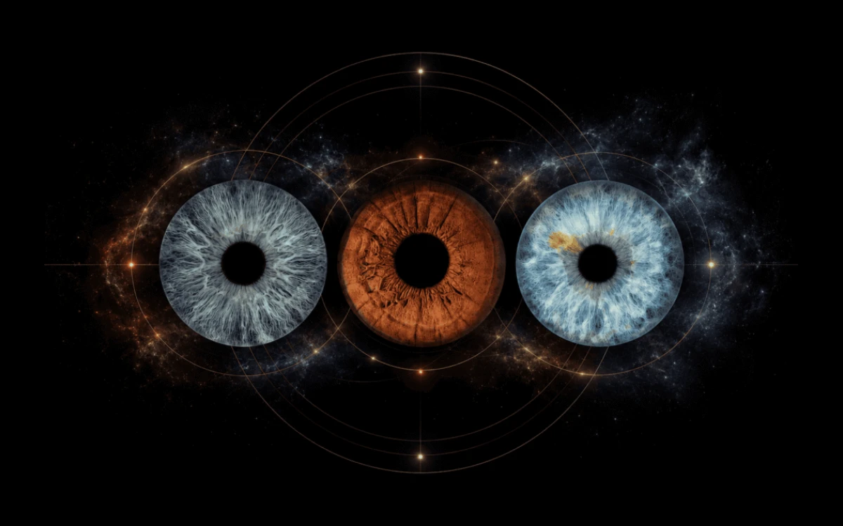 Cosmic Alignment custom eye photography artwork showing three family irises connected through elegant golden orbital rings in space.