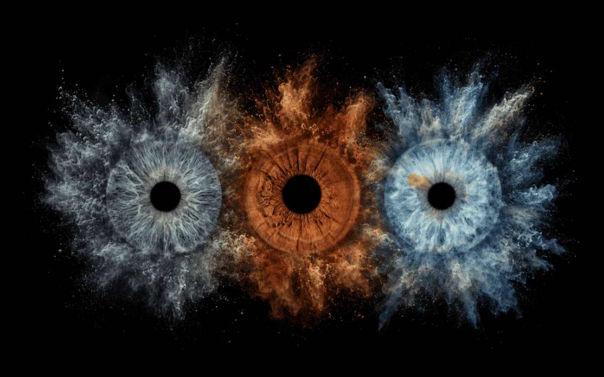 Elements United personalized family iris art with three real eye irises surrounded by dramatic blue and amber elemental clouds.