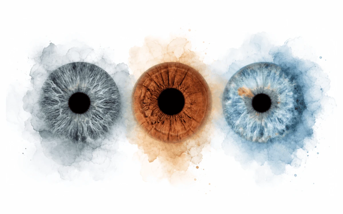 Gentle Imprints custom iris photography artwork featuring three family irises blended with soft blue, grey and warm watercolor textures.