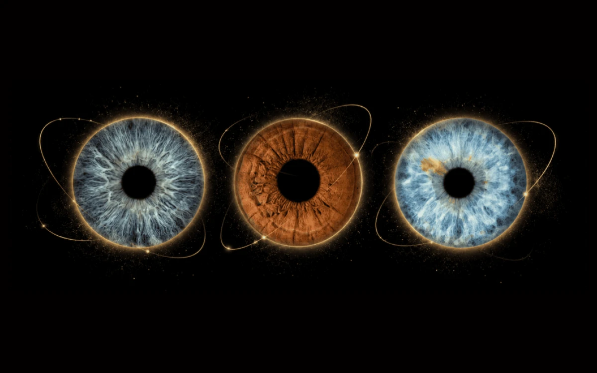 Golden Orbit personalized eye art showing three family irises connected by refined golden orbit lines against a deep black background.