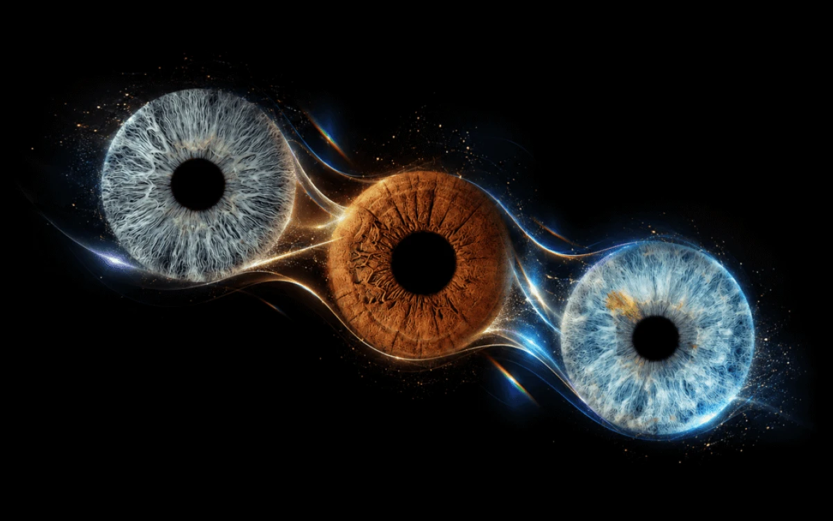 Journey Together custom family iris portrait with three unique irises flowing through intertwined blue and golden streams of light.