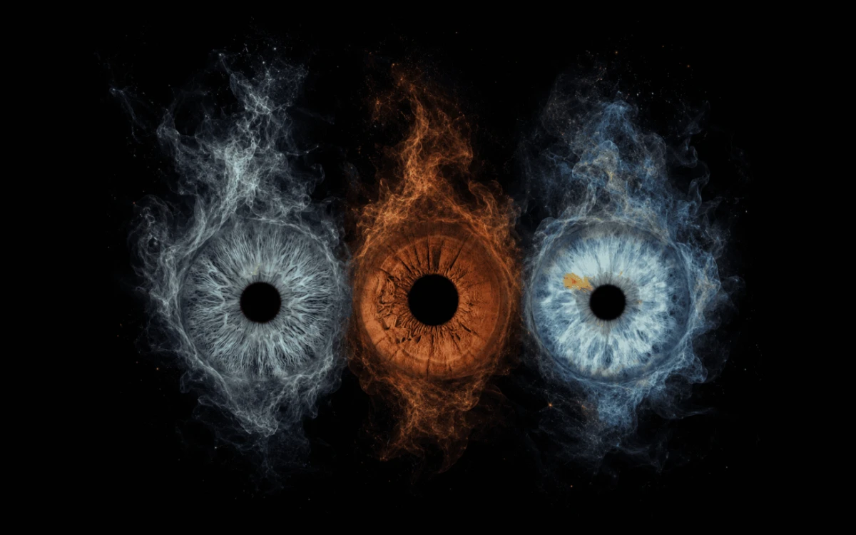 One Shared Flame custom eye photography artwork with three family irises emerging from dramatic blue and orange flame-like effects.