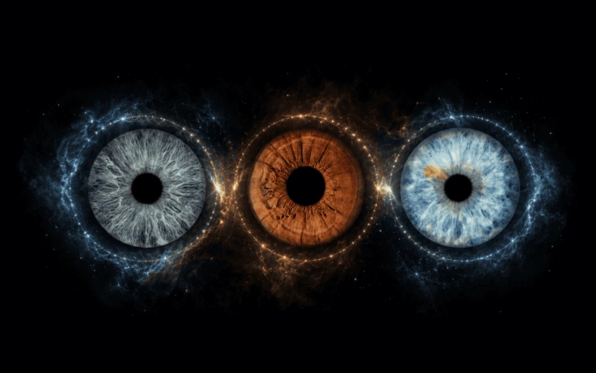 Quiet Constellation personalized family iris art featuring three glowing eye irises connected by subtle celestial rings and light.