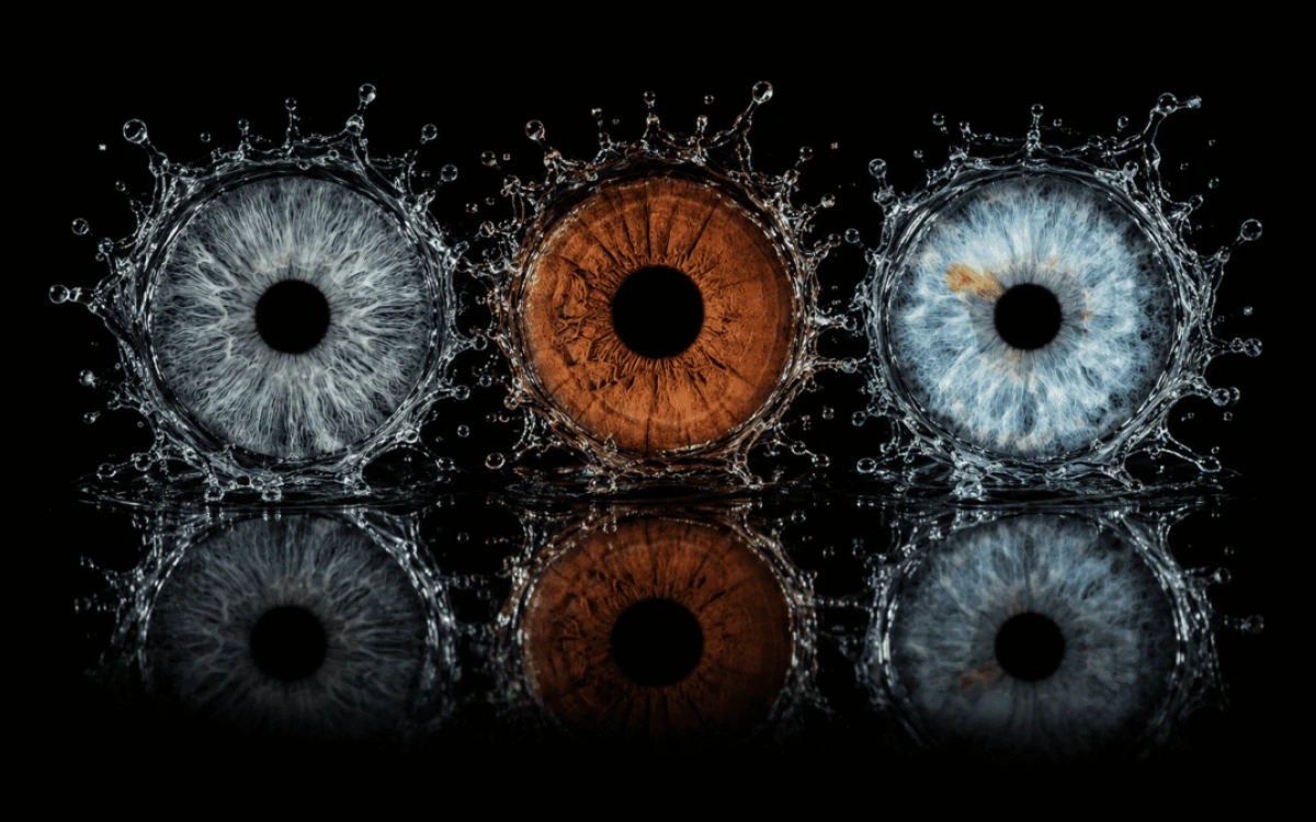 Reflections of Us custom iris photography portrait showing three family irises with elegant mirror reflections on a black background.