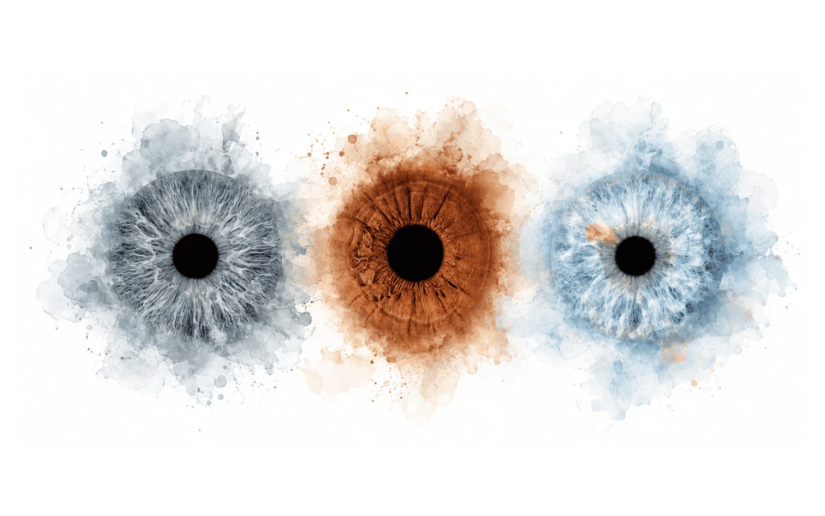 Softly Connected personalized eye photography art featuring three family irises surrounded by delicate blue and warm powder effects.