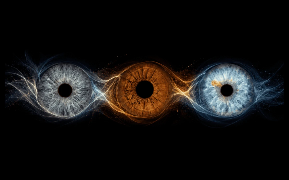 Soulwave Trio custom family iris artwork with three unique eye irises joined by smooth blue and golden waves on a black background.