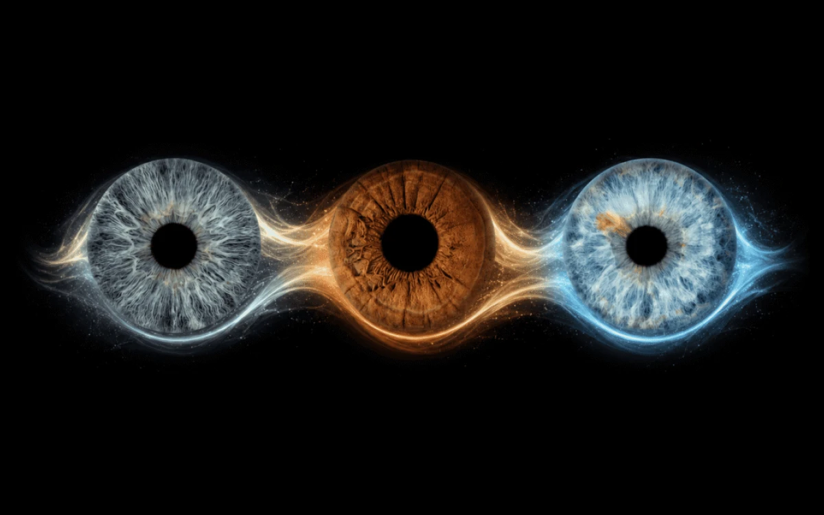 The Eternal Thread personalized iris photography art showing three family irises linked by luminous blue and amber threads of energy.