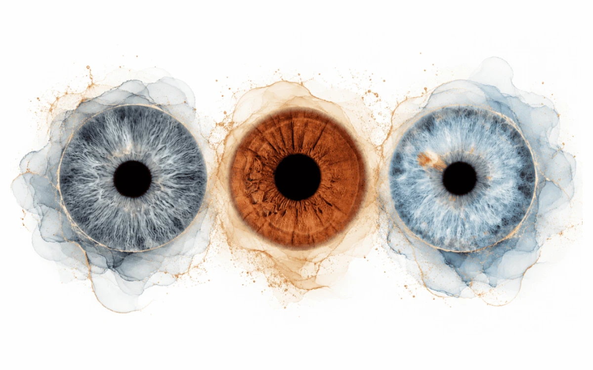 Whispers of Unity custom iris photography artwork featuring three family irises surrounded by soft translucent blue and golden circles.